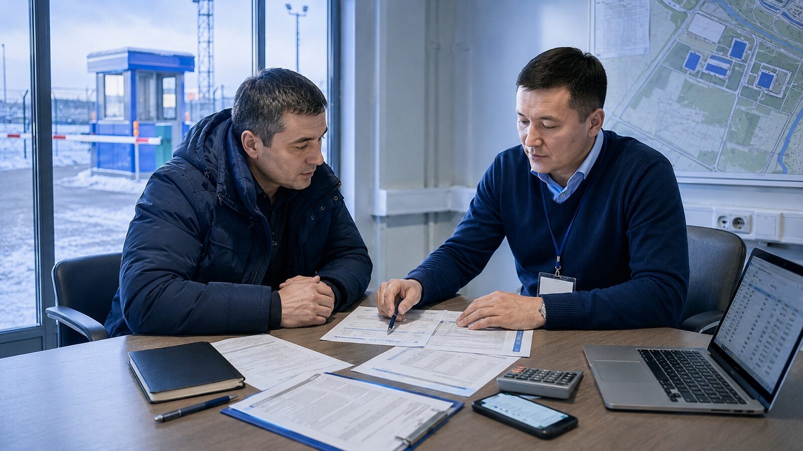 Охранник проверяет условия оплаты и договор перед выездом на вахту.