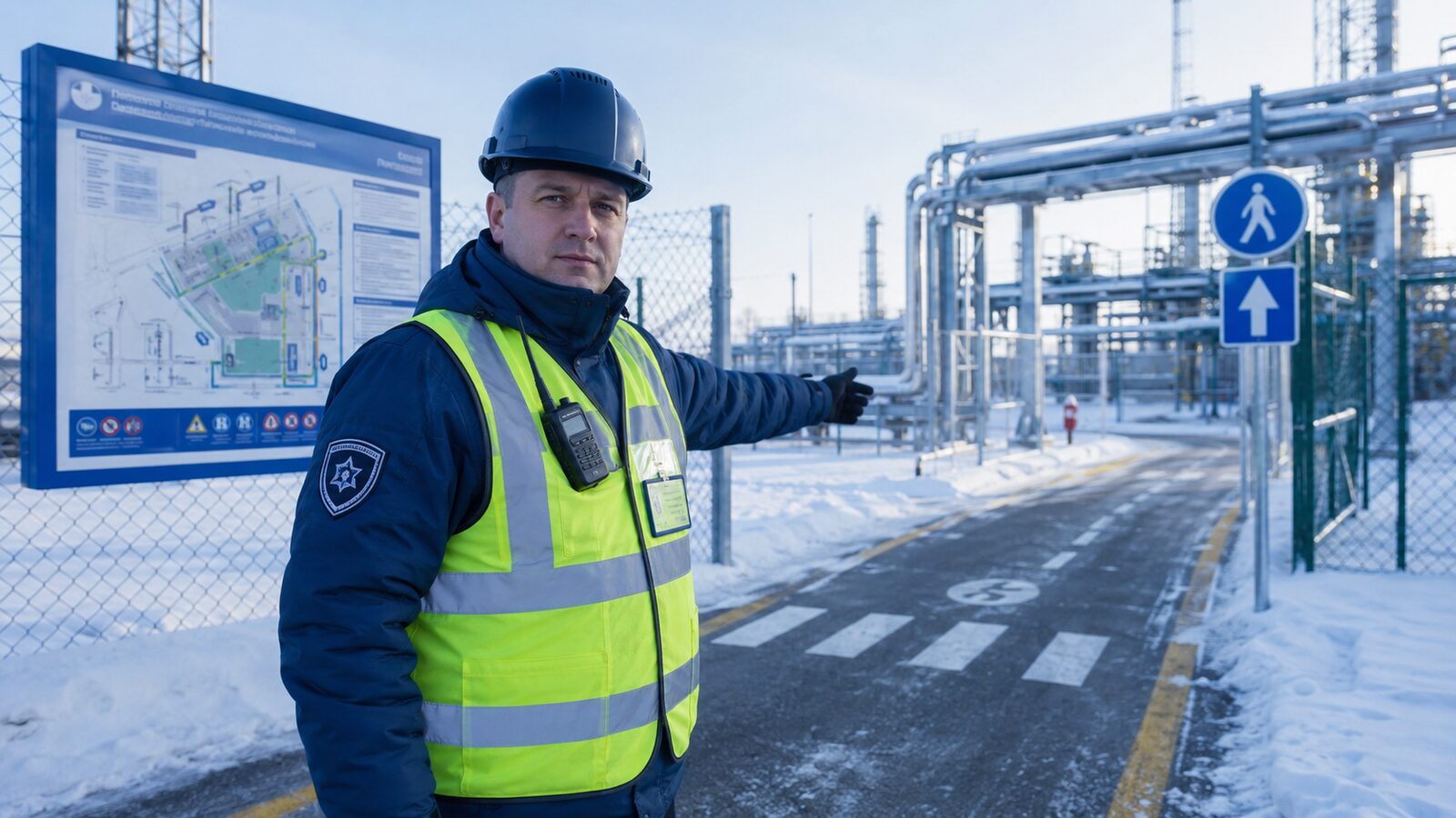 Охранник в СИЗ на промышленной территории нефтяного месторождения.