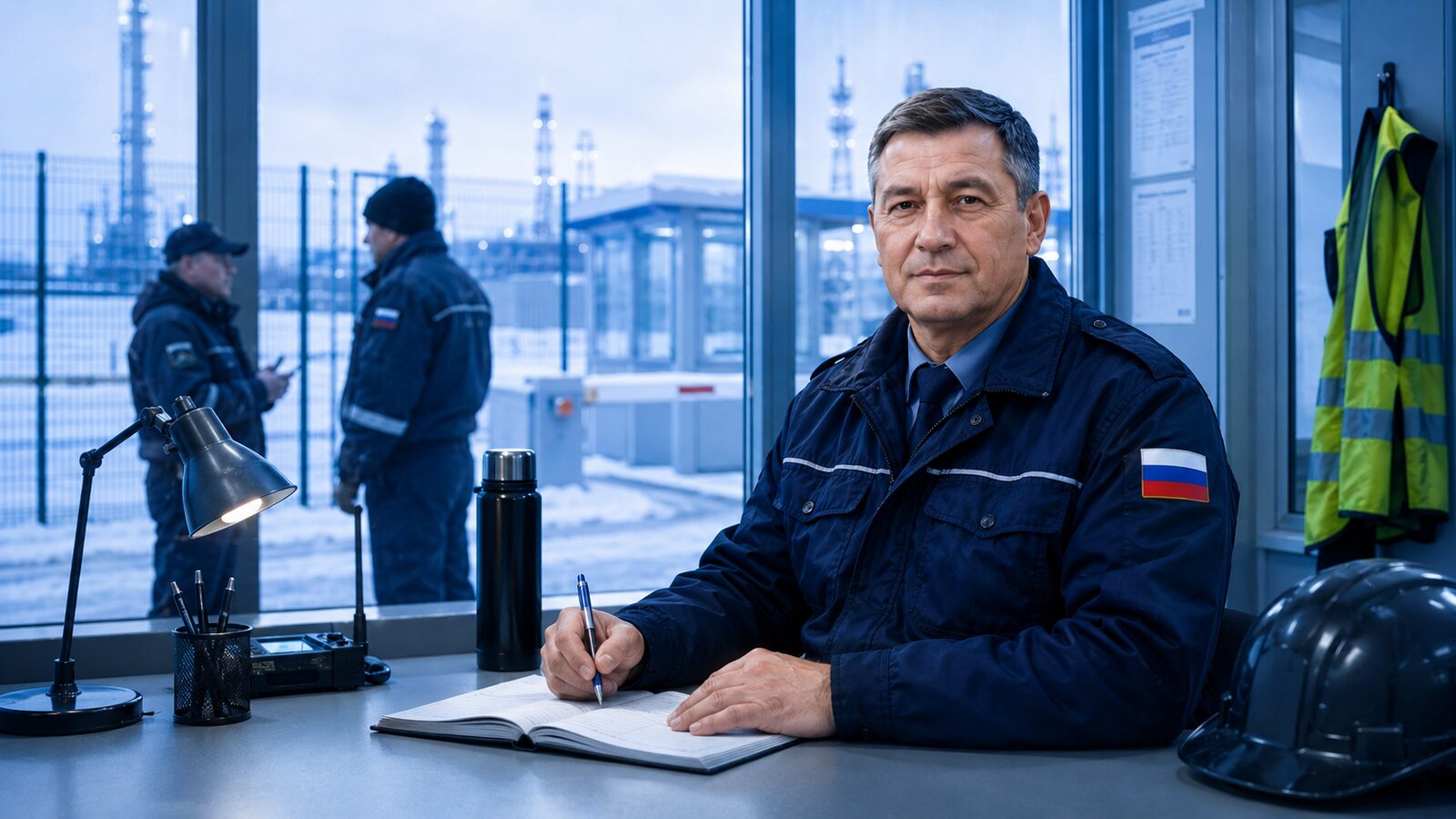 Опытный охранник уверенно несёт пост на промышленном объекте.