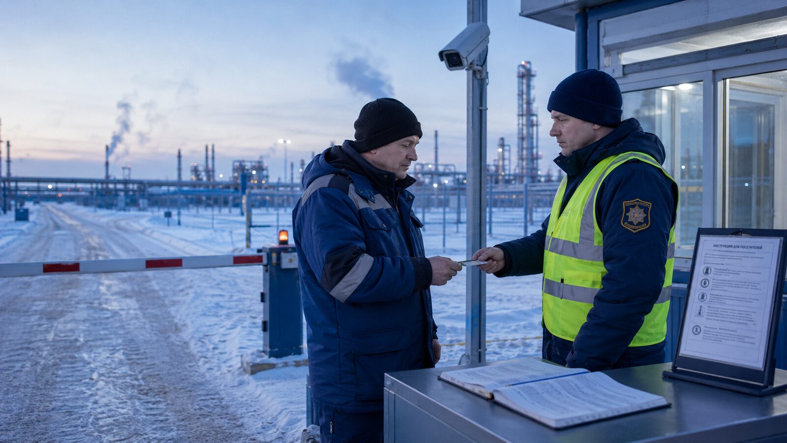 Охранник на посту КПП с журналом пропусков на нефтяном месторождении.