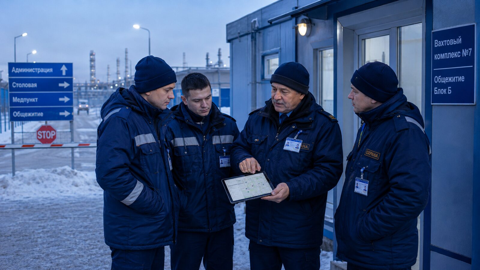 Охранник на первом инструктаже у старшего смены на объекте.