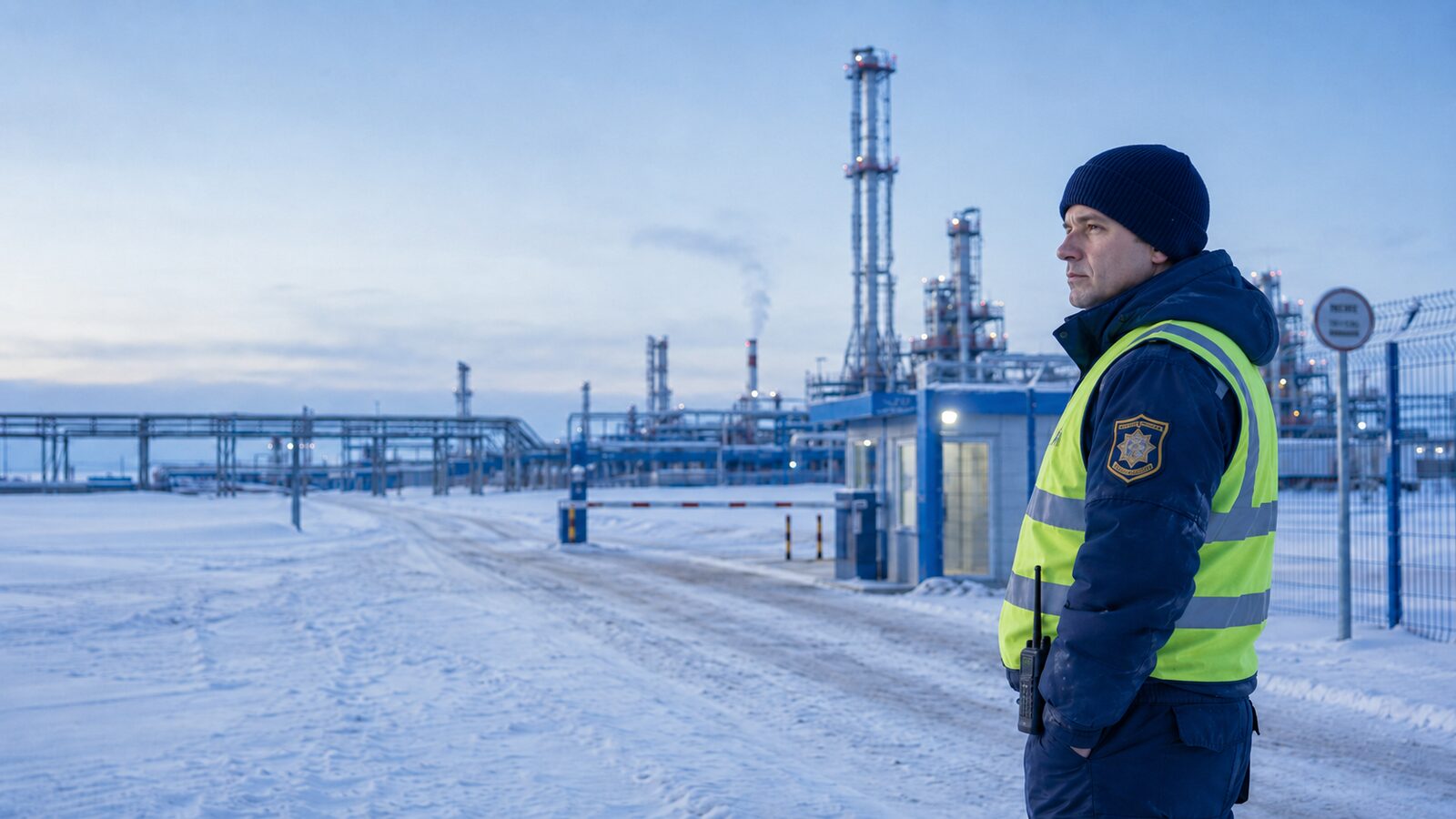 Охранник на КПП нефтяного объекта в ХМАО в рабочей форме и СИЗ.