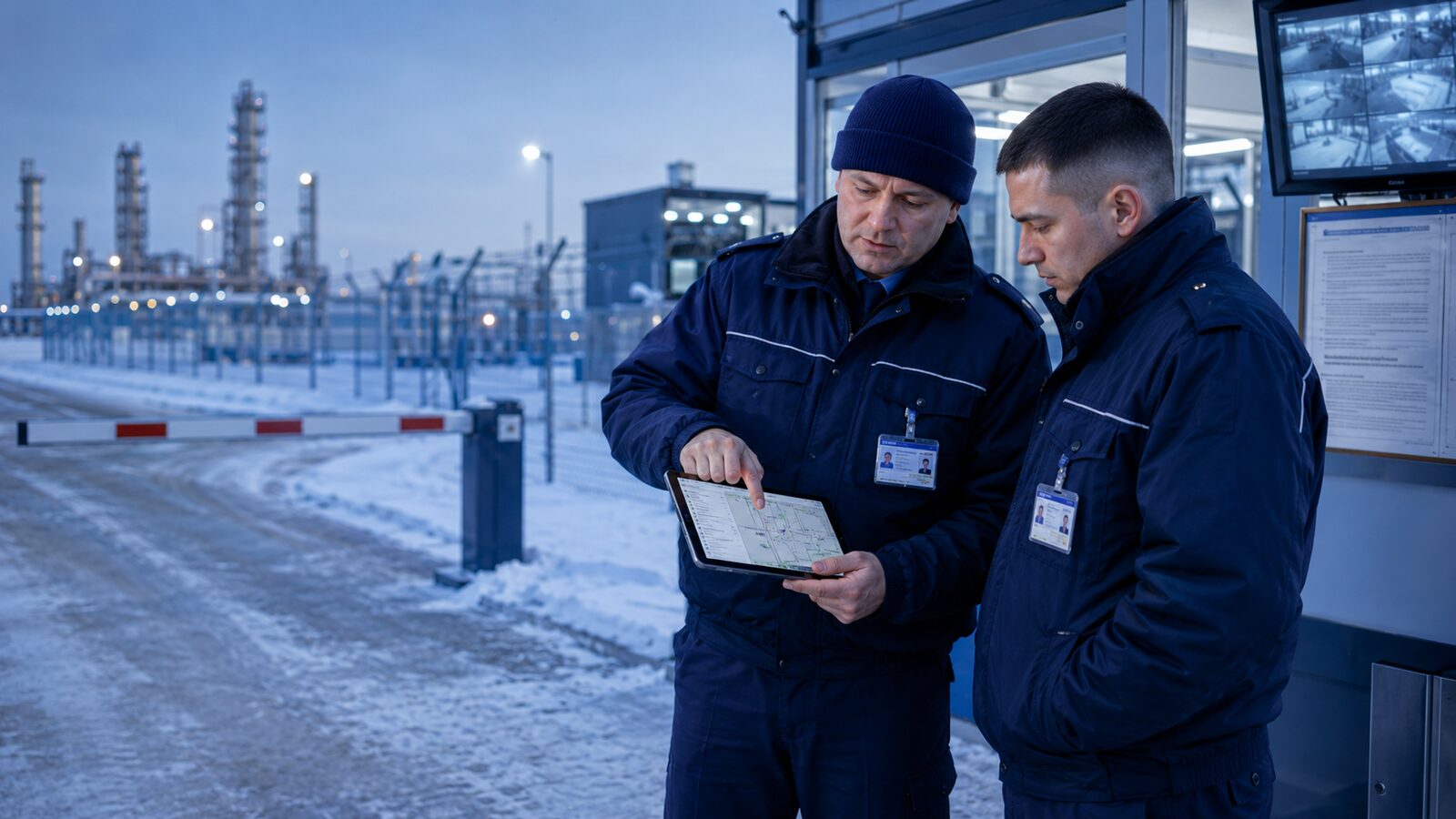 Наставник показывает новому охраннику журнал и порядок приёма поста.