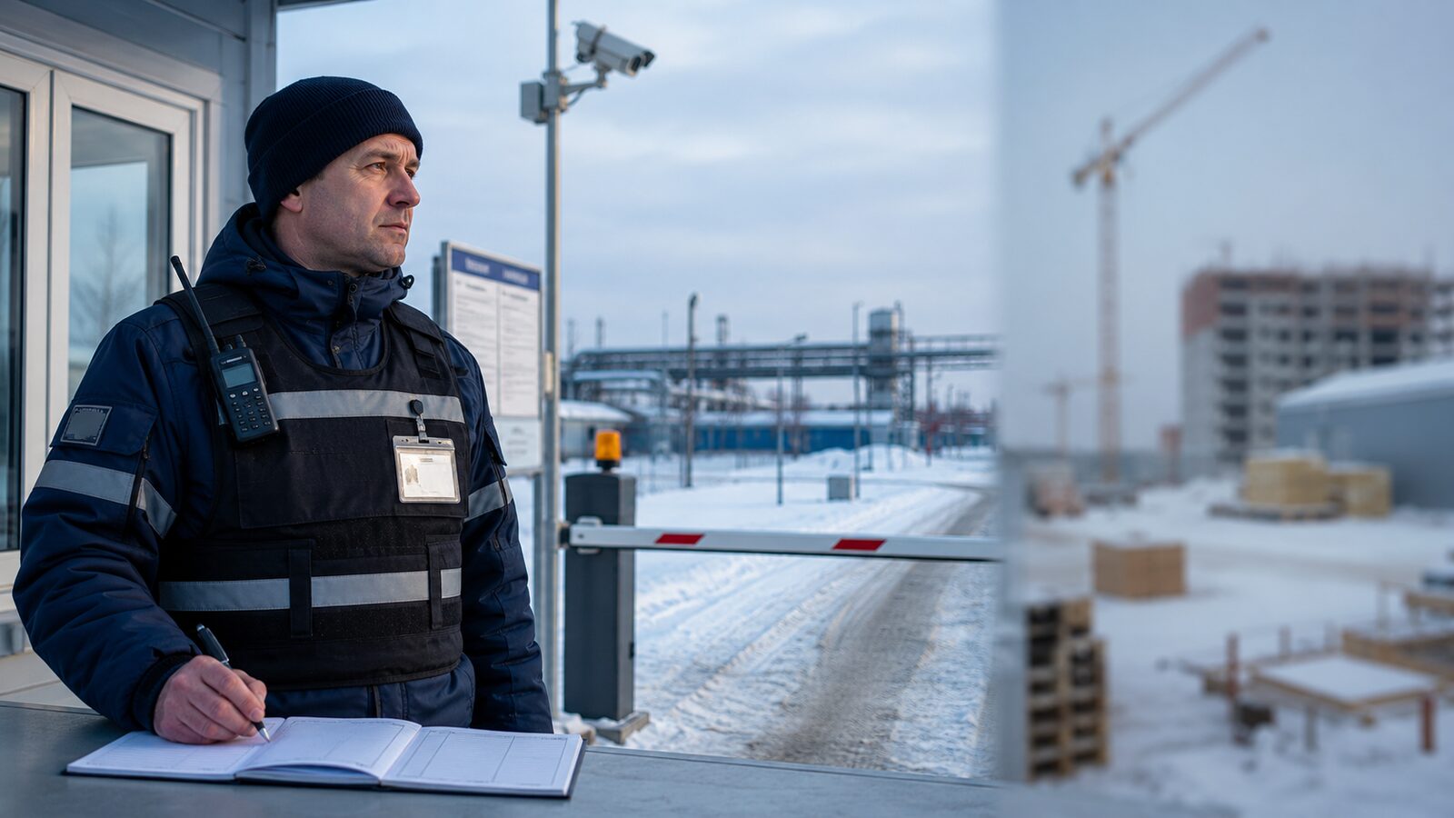 Охранник на обходе территории промышленного объекта в ХМАО.