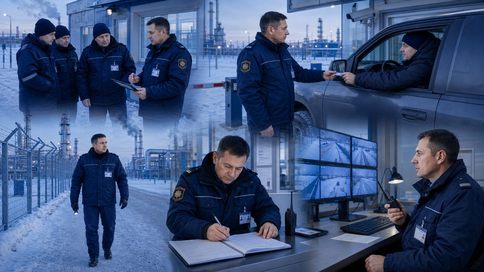 Смена охранника: приём поста, КПП и запись в журнал.