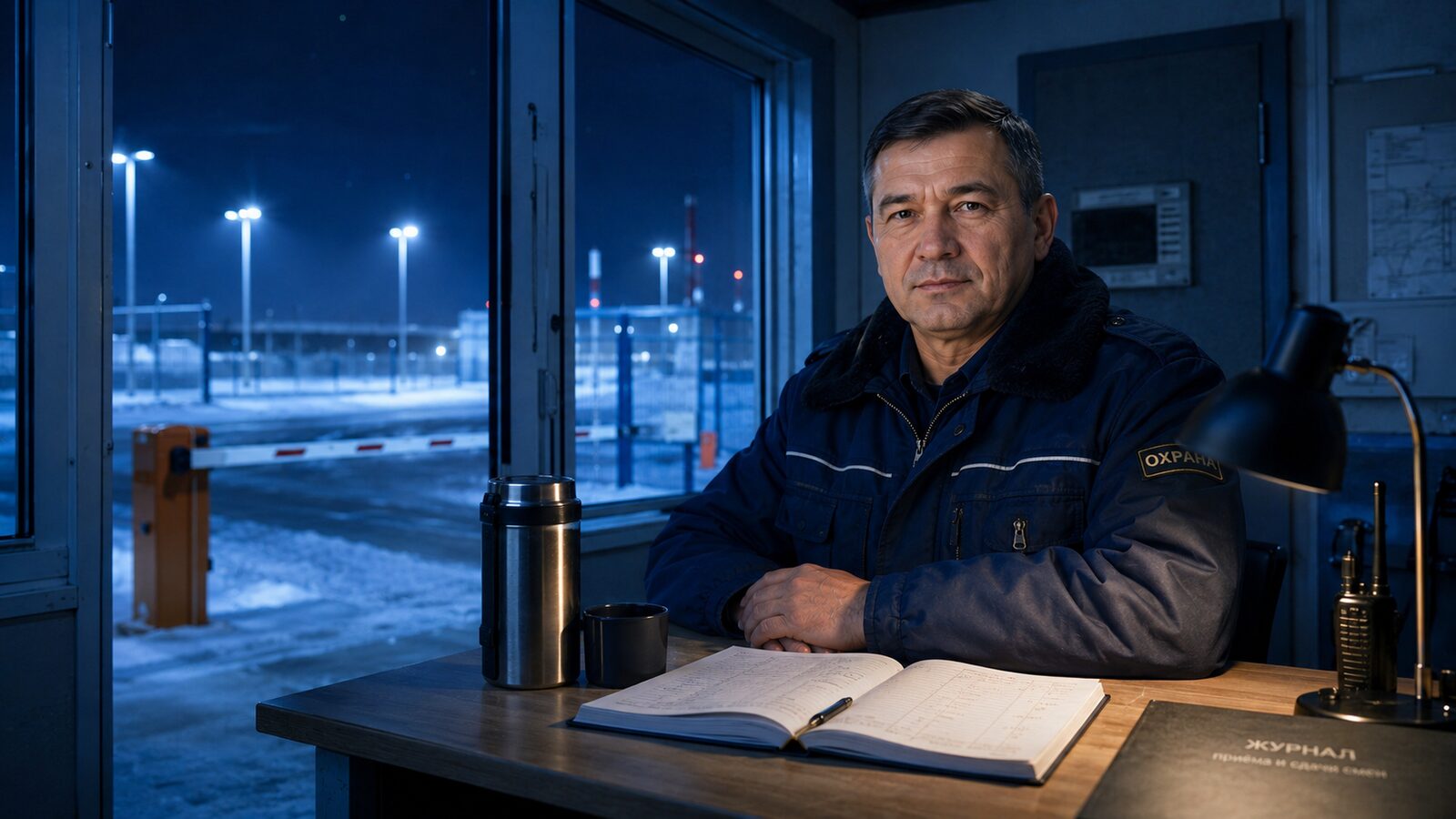Охранник старше 40 на посту вахты.