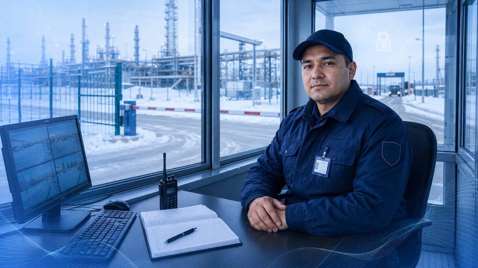 Охранник на посту КПП нефтяного объекта.