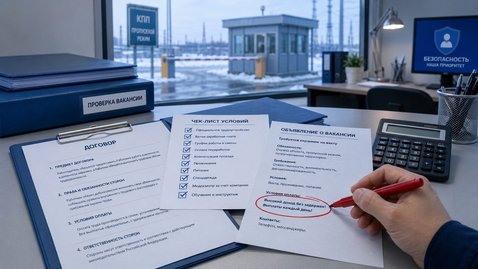 Проверка условий зарплаты охранника на вахте.